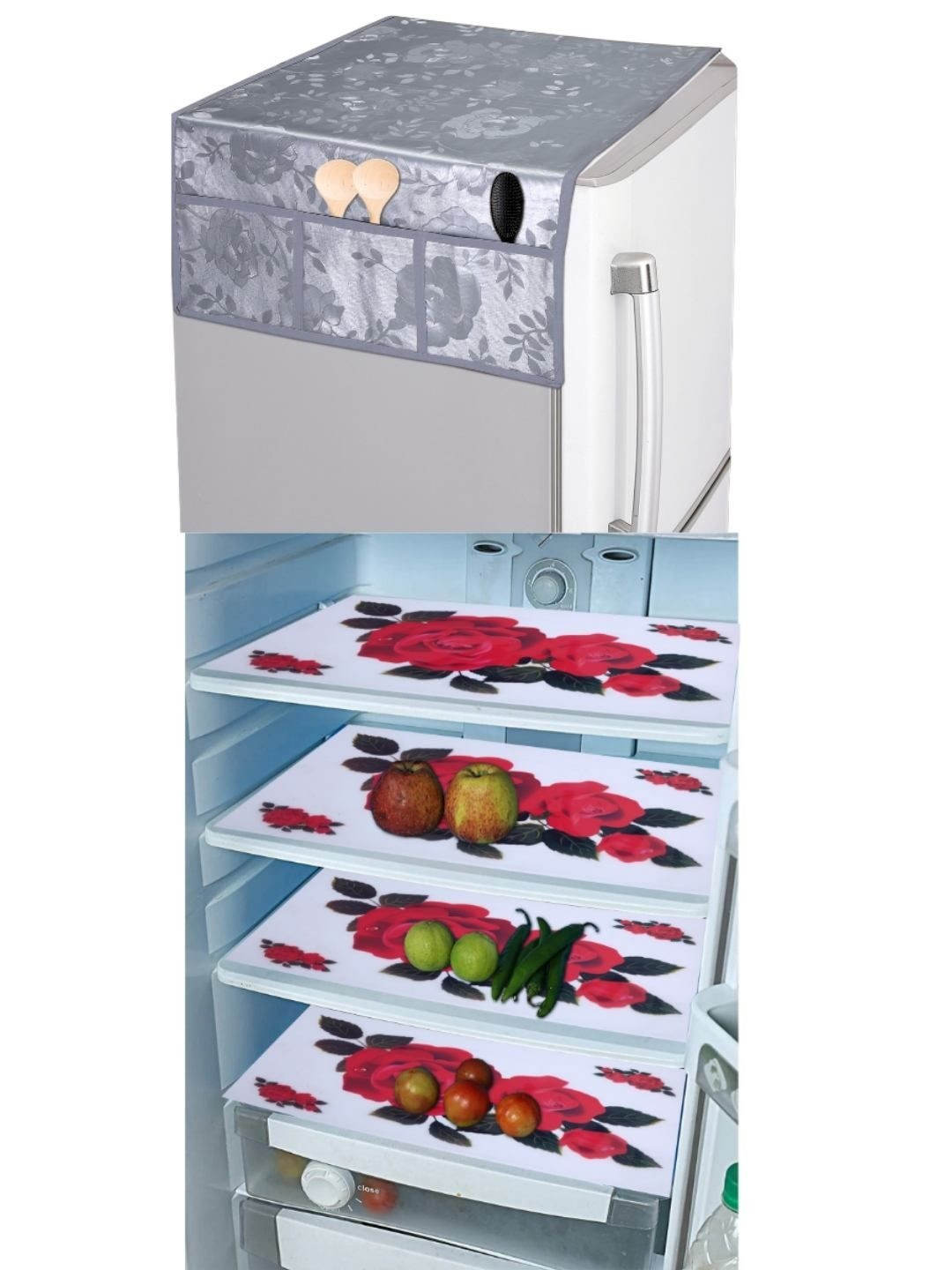 CROSMO Set of 2 Floral Printed Waterproof  Fridge Top Cover and Fridge Mat