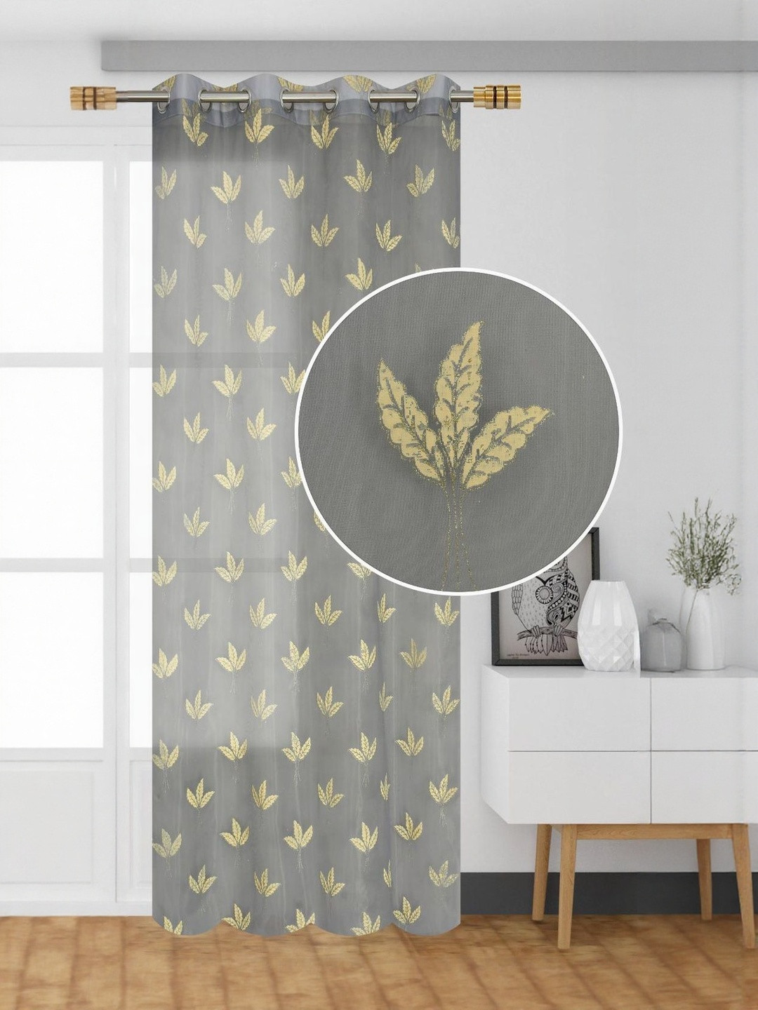 Aura Green Floral Regular Door Sheer Eyelet Curtain