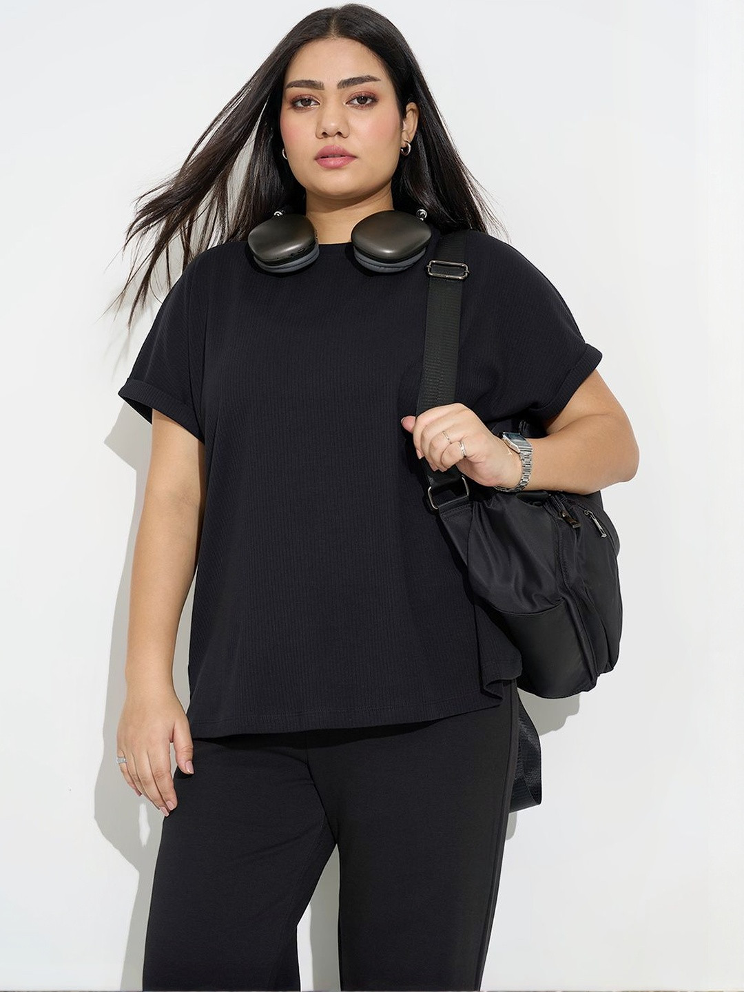 Honey Curvytude by Pantaloons Women Ribbed Extended Seeves Pure Cotton Top