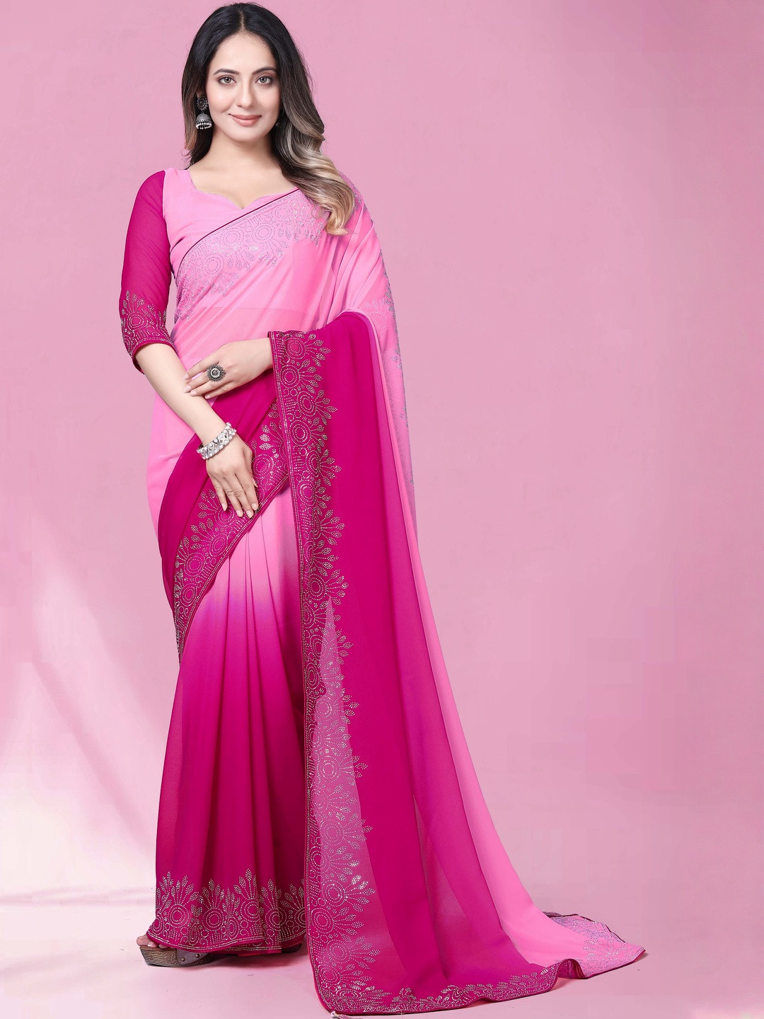 MEAVEN FEB Embellished Pure Georgette Exquisite Diamond Embellishment Heavy Work Saree