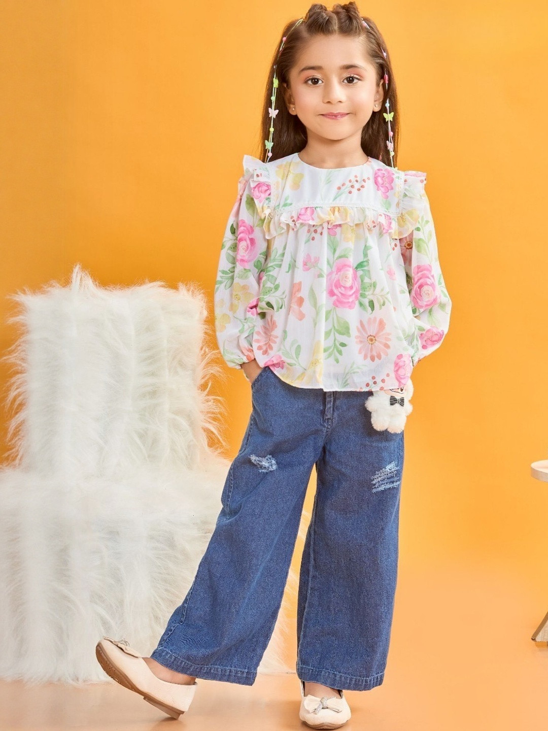 Lagorii Girls Floral Printed Poly Georgette Ruffled Top With Wide-Leg Denim Jeans