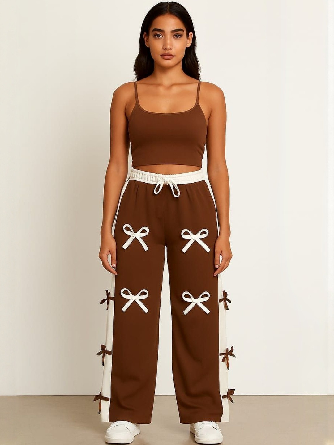SSCOLECTION Women Straight Fit Colourblocked Mid-Rise Track Pants With Bow Detail