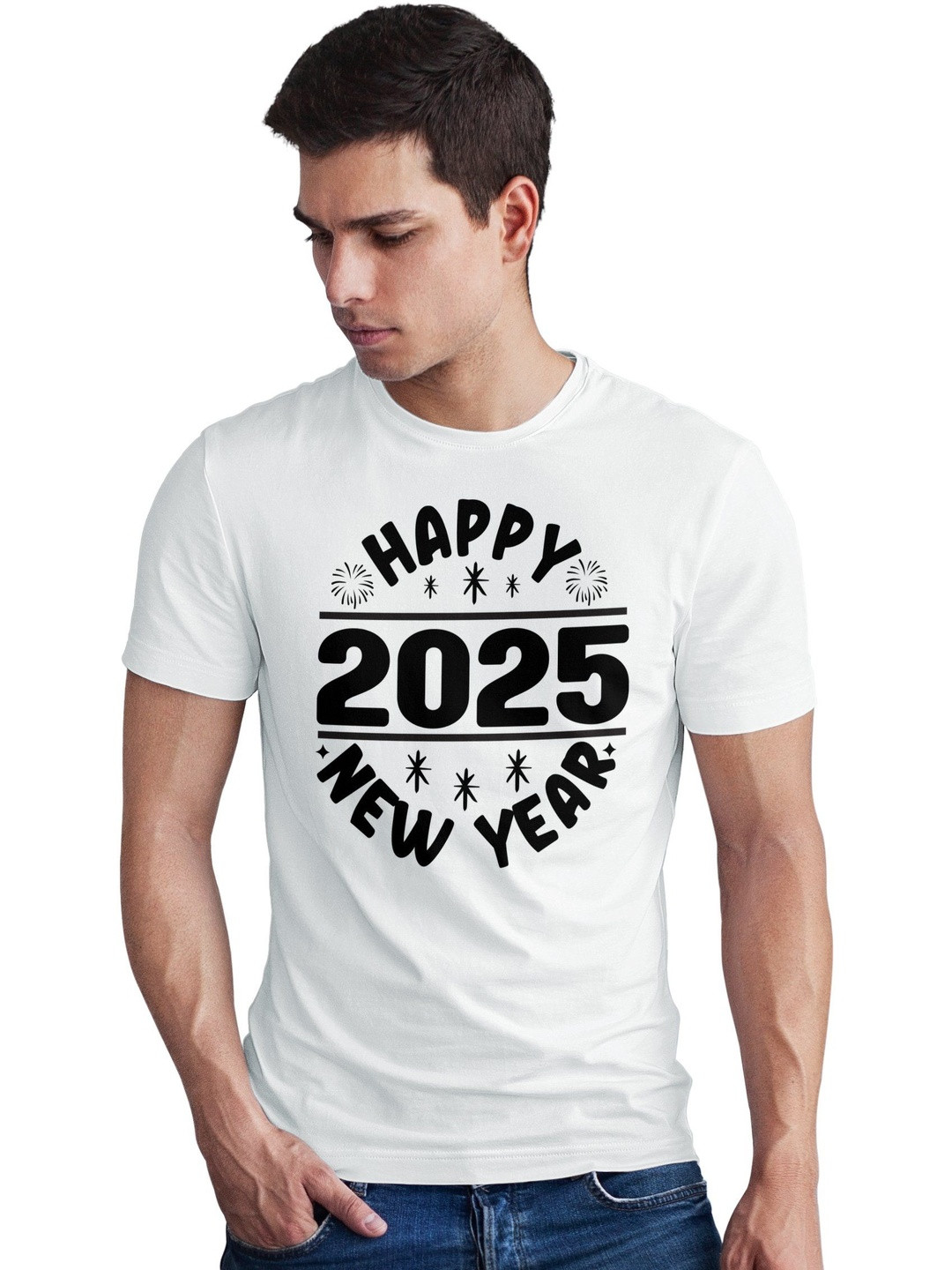 Seekbuylove Men Happy New Year 2025 Printed Bio Finish Regular Fit T-shirt