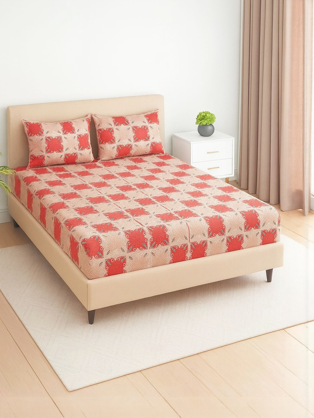 V.R.ENTERPRISES Red & Cream-Coloured Geometric 350 TC Bedsheet With 2 Pillow Covers