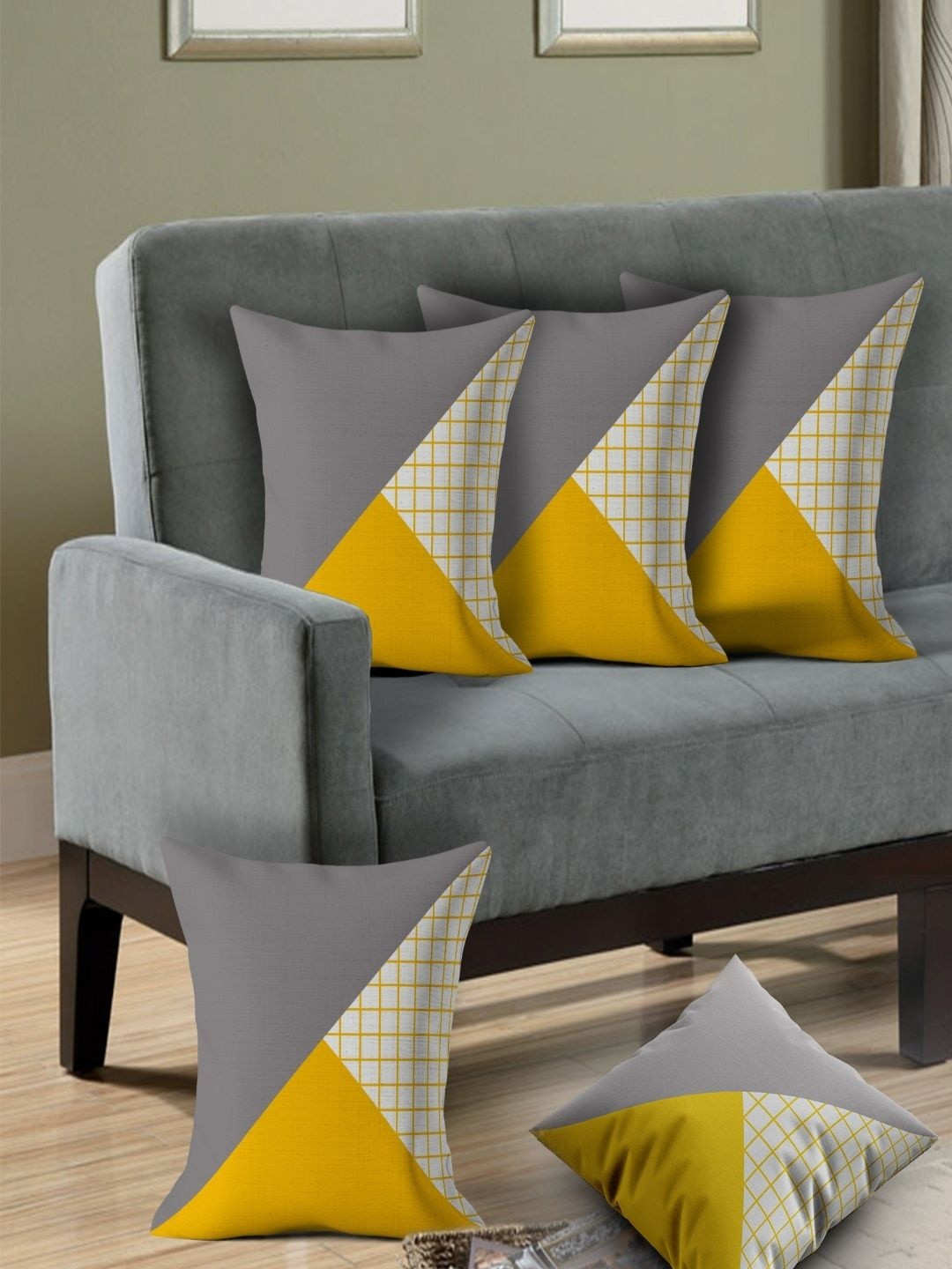 Cushion Villa Grey & Yellow Set of 5 Colourblocked Satin Square Cushion Covers