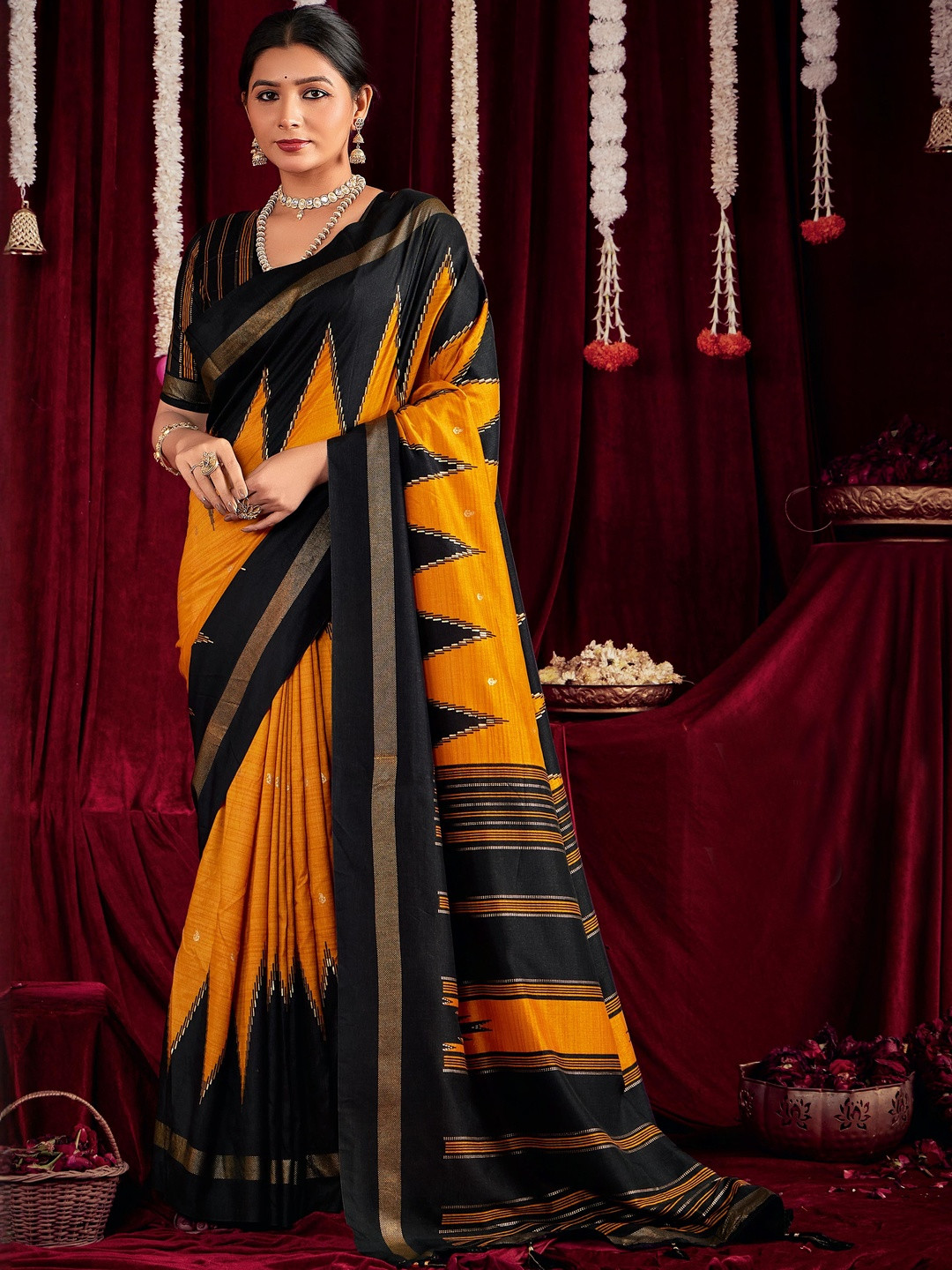 TIRA  Ikkat Zig Zag Printed Saree With Blouse Piece