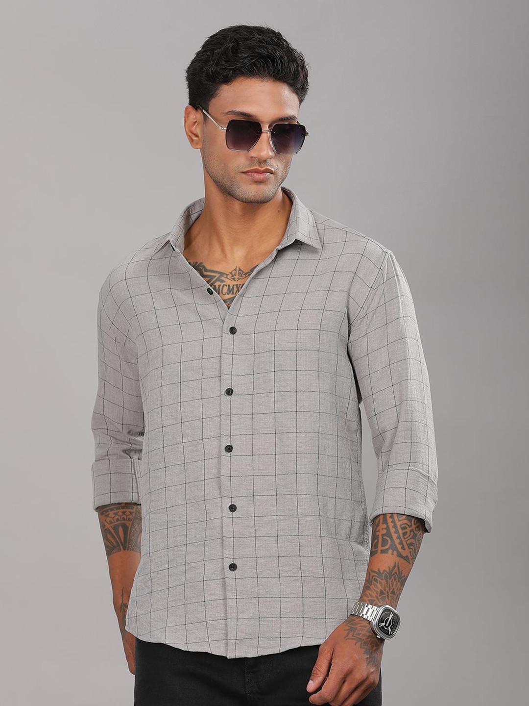 PAUL STREET Slim Fit Windowpane Checked Long Sleeves Casual Shirt