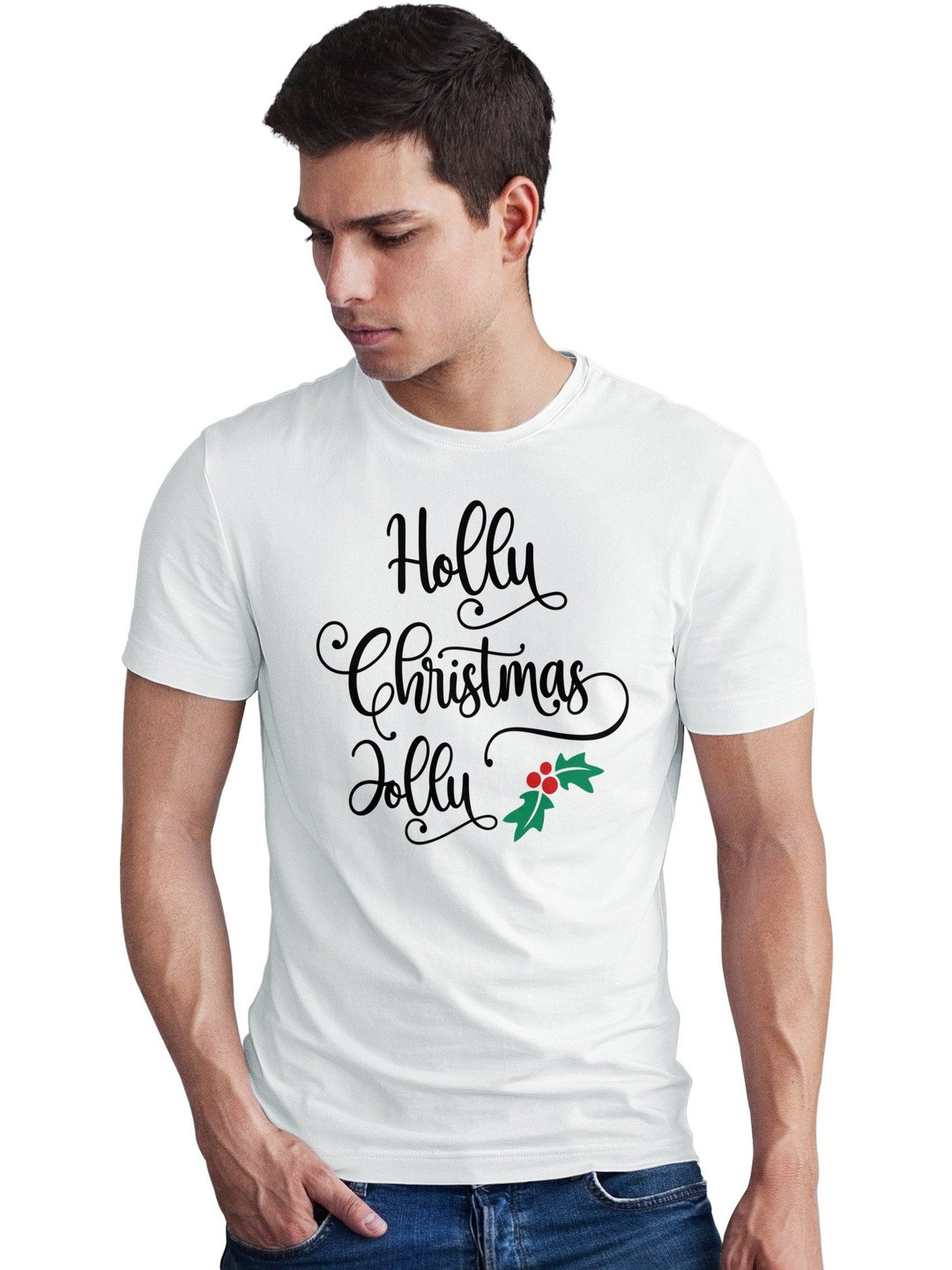 Seekbuylove Men Holly Christmas Jolly Printed Bio Finish Regular Fit T-shirt