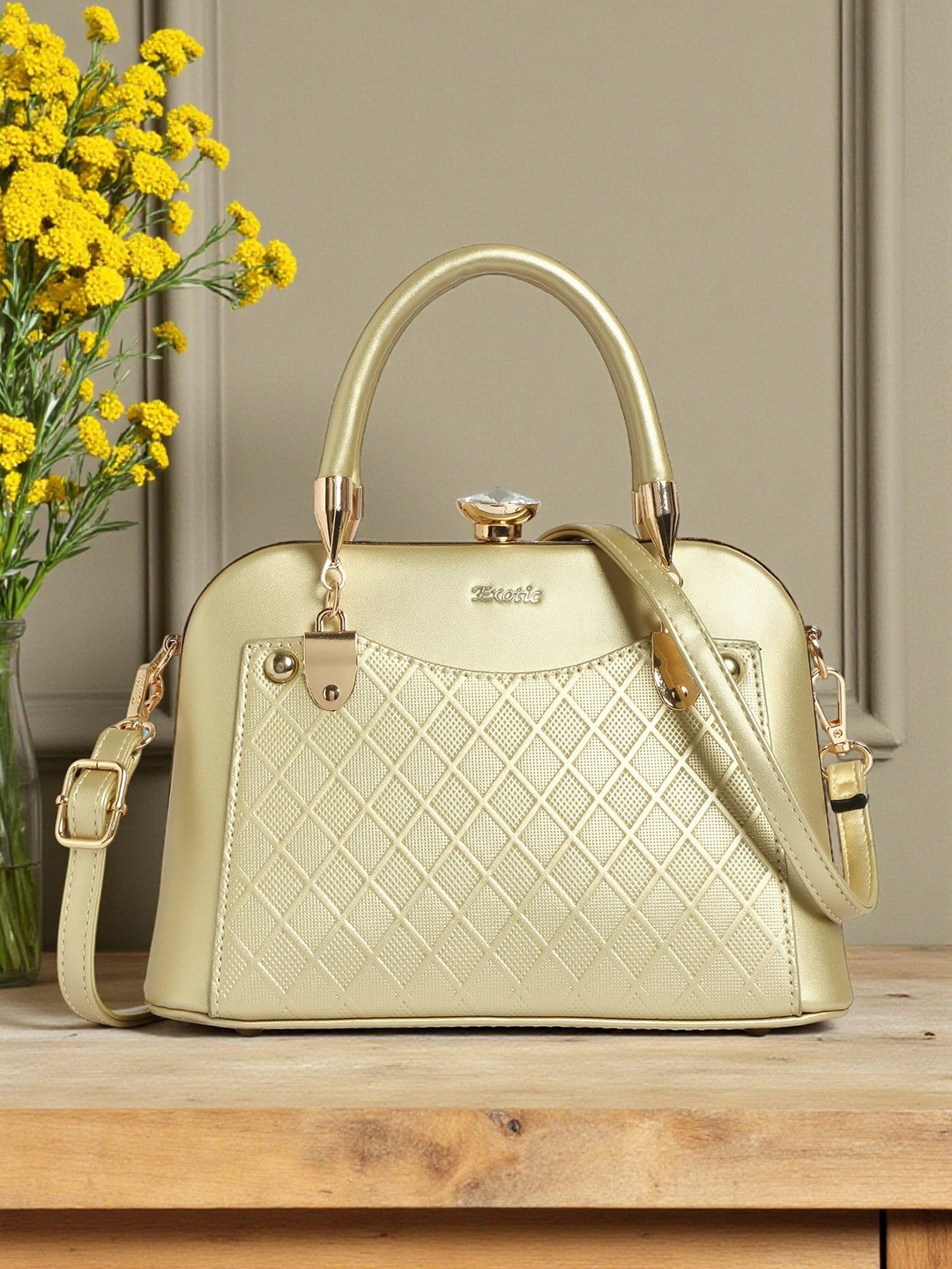 Exotic Gold Textured Structured Detachable Sling Strap Satchel with Cut Work