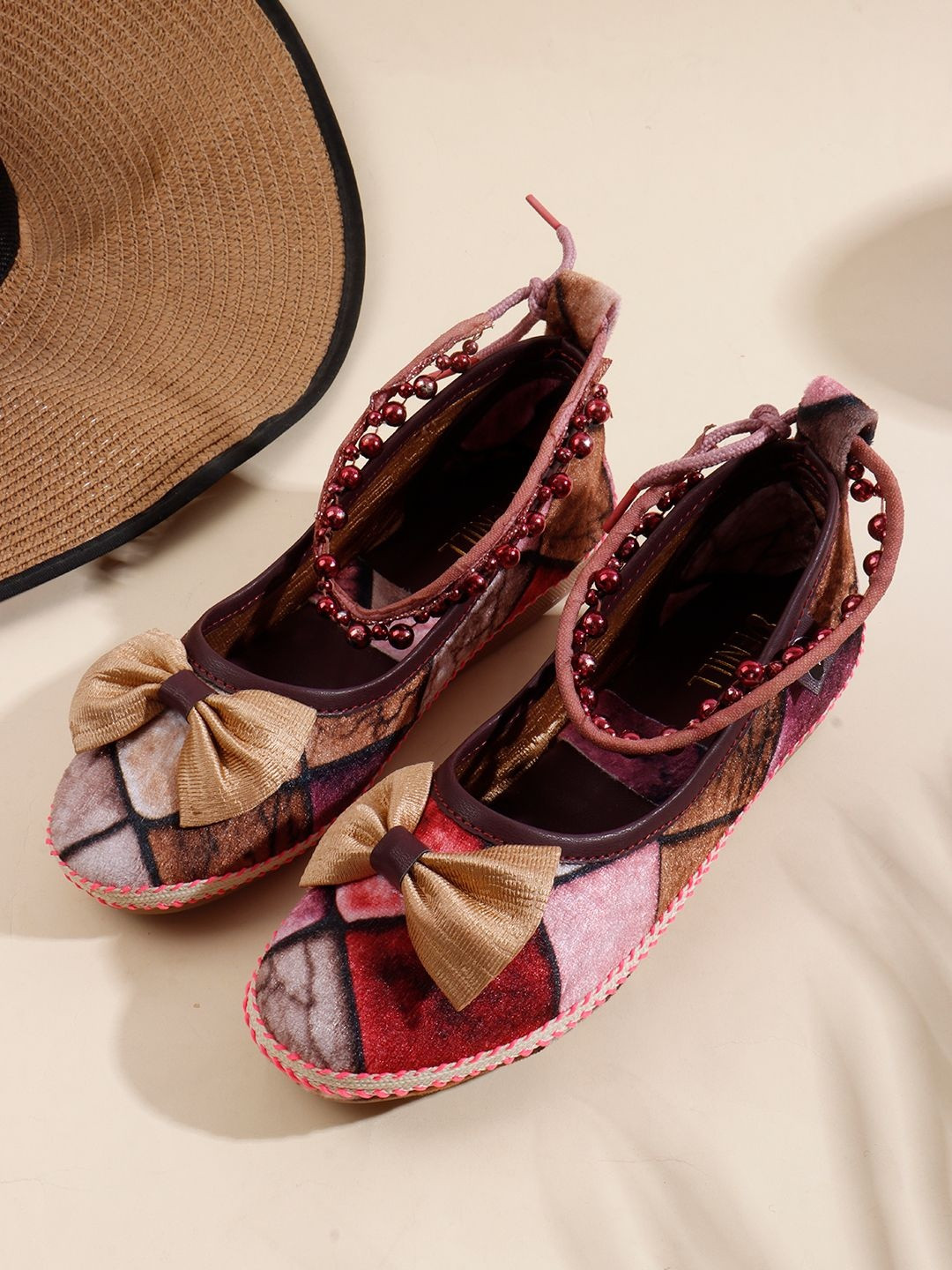 Denill Printed Slip On Beaded Ankle Strap & Bow Ballerinas