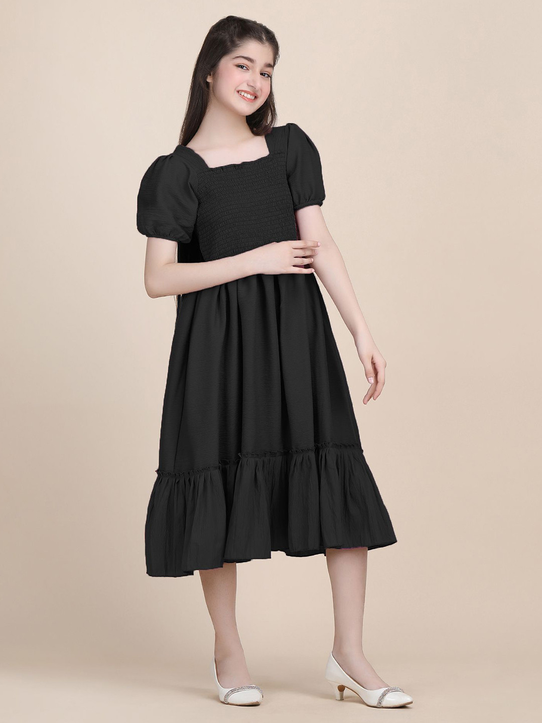 DEKLOOK Girls Black Square Neck Polyester fit & flare dress