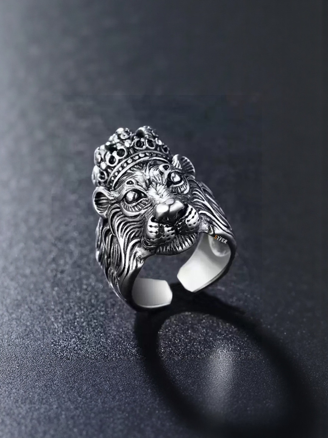 J.S ENTERPRISES Unisex Stainless Steel Oxidised Lion Head Finger Ring