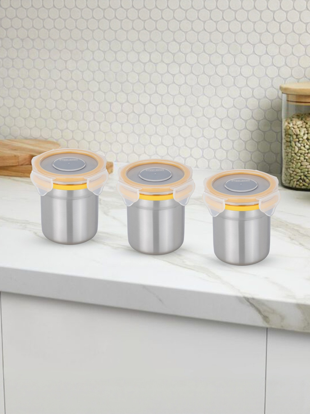 STEELLOCK Set Of 3 Silver-Toned Stainless Steel Air Tight Canister Container