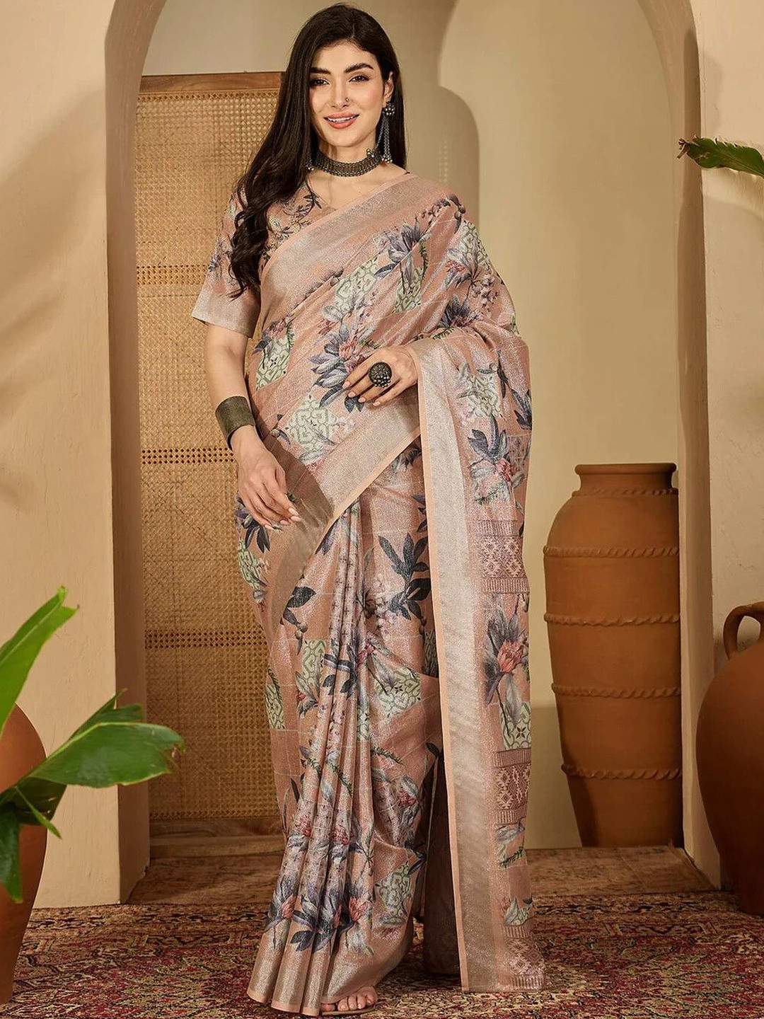 Moda Rapido Women Trendy Linen Floral Digital Print Zari Border Saree & Unstitched Blouse
