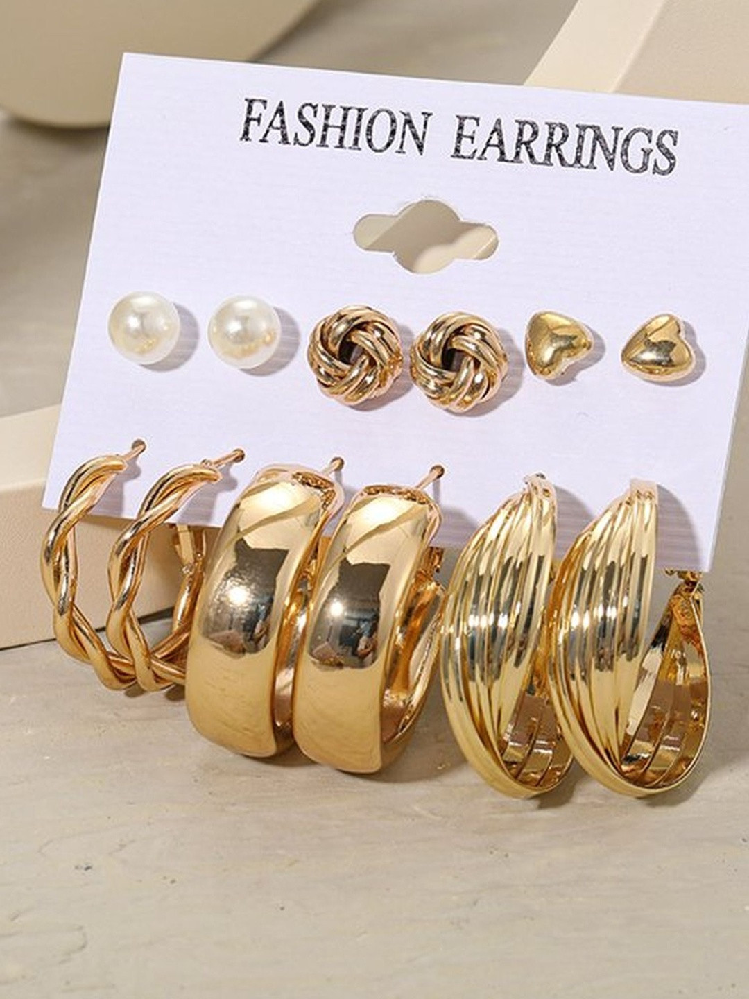 Just Devotional Set Of 6 Gold-Plated Heart Shaped Studs Earrings