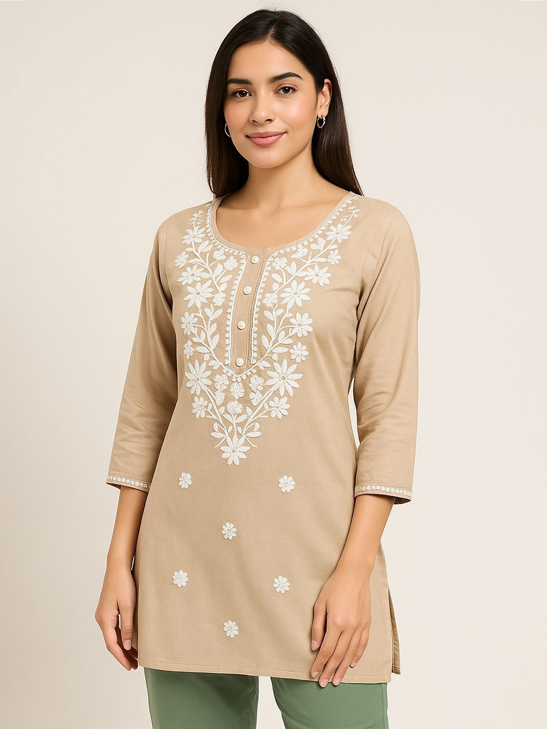 ROSHNI Floral Embroidered Thread Work Cotton Straight Short Kurta