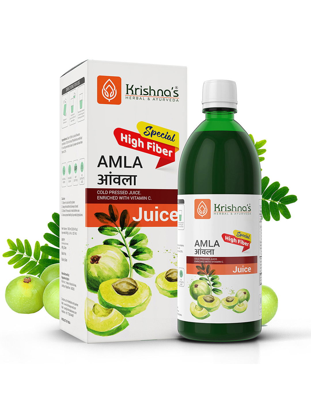 Krishna's Herbal & Ayurveda Cold Pressed Amla High Fiber Juice To Improve Gut Health - 1L