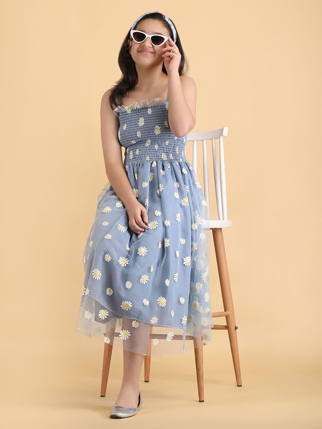 STARWORD Girls Blue Floral Printed Net Fit & Flare Dress