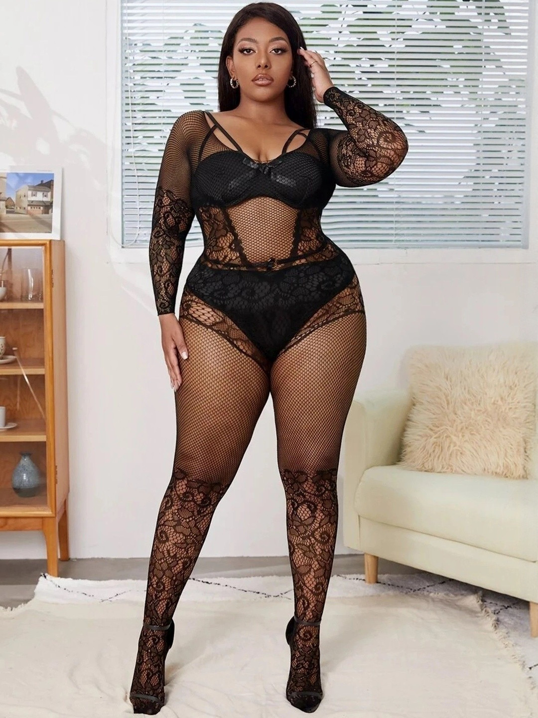 OGIMI- Ohh Give me Self Design Fishnet Body Sheered Stockings