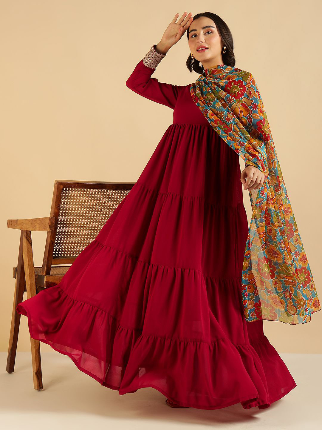 Vibes by Deebaco Round Neck Georgette Maxi Ethnic Dress With Printed Dupatta