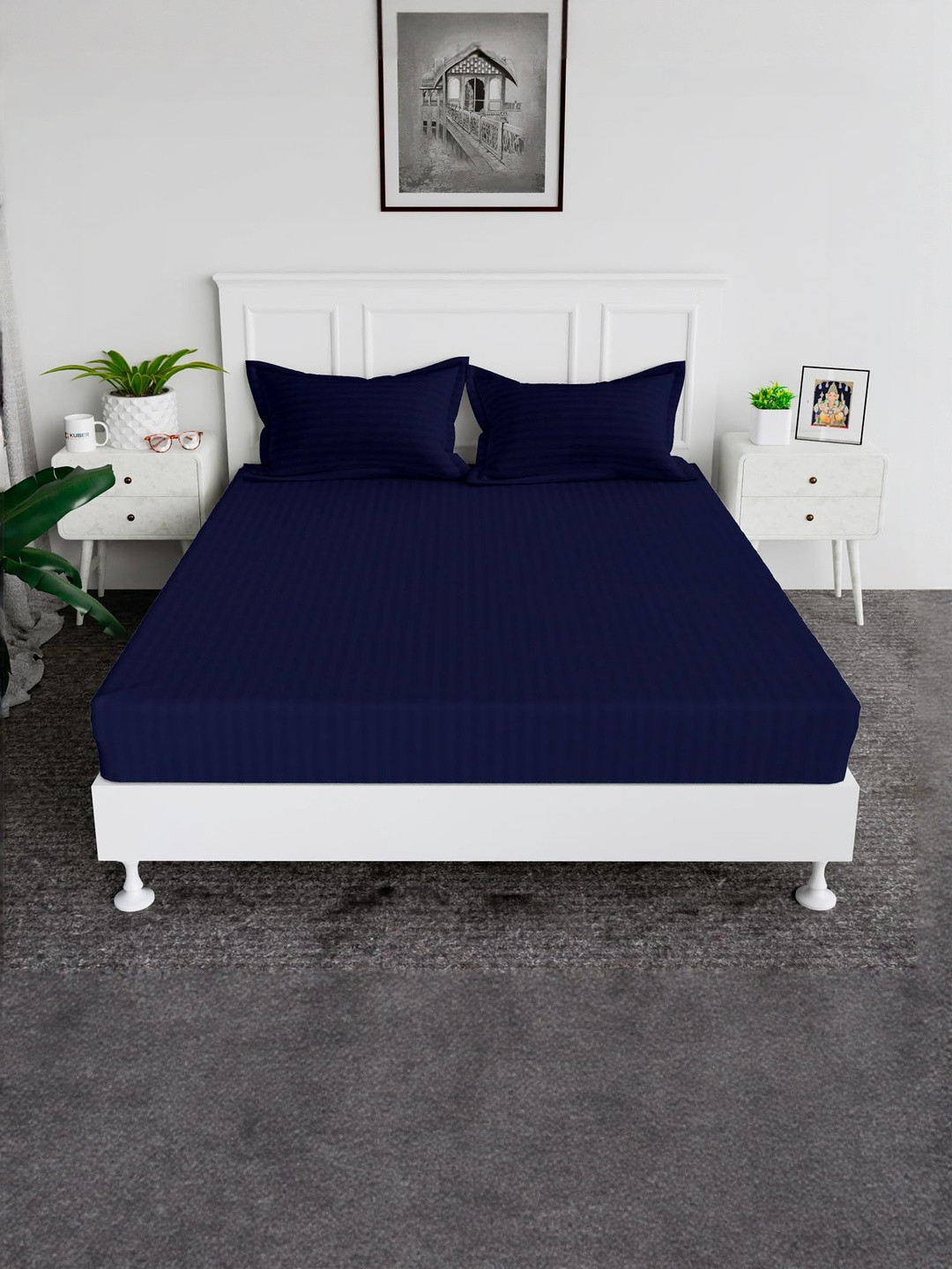 A Next Step Navy Blue 240 TC Striped King Bedsheet with 2 Pillow Covers 274x274 cm