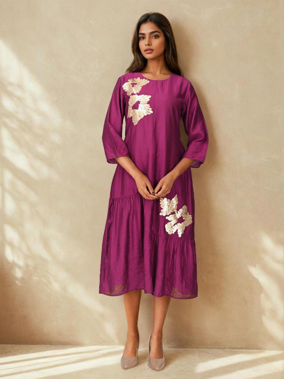 Dora Dori Sequined Tiered A-Line Midi Dress