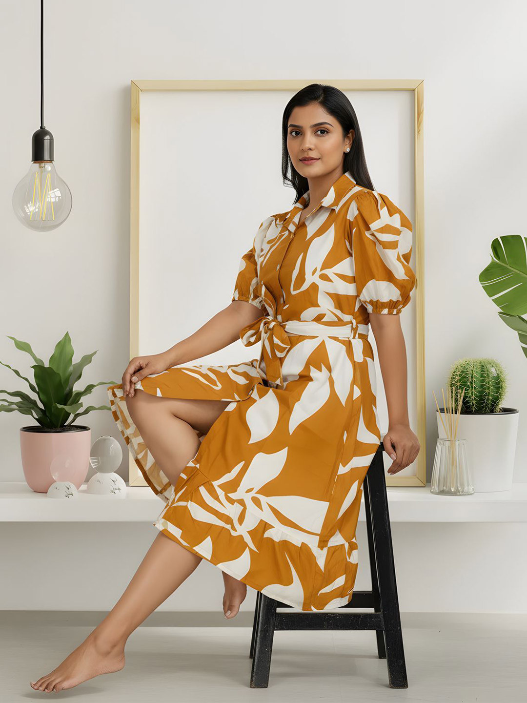 Subhan Hub Floral Print Puff Sleeve Shirt Midi Dress