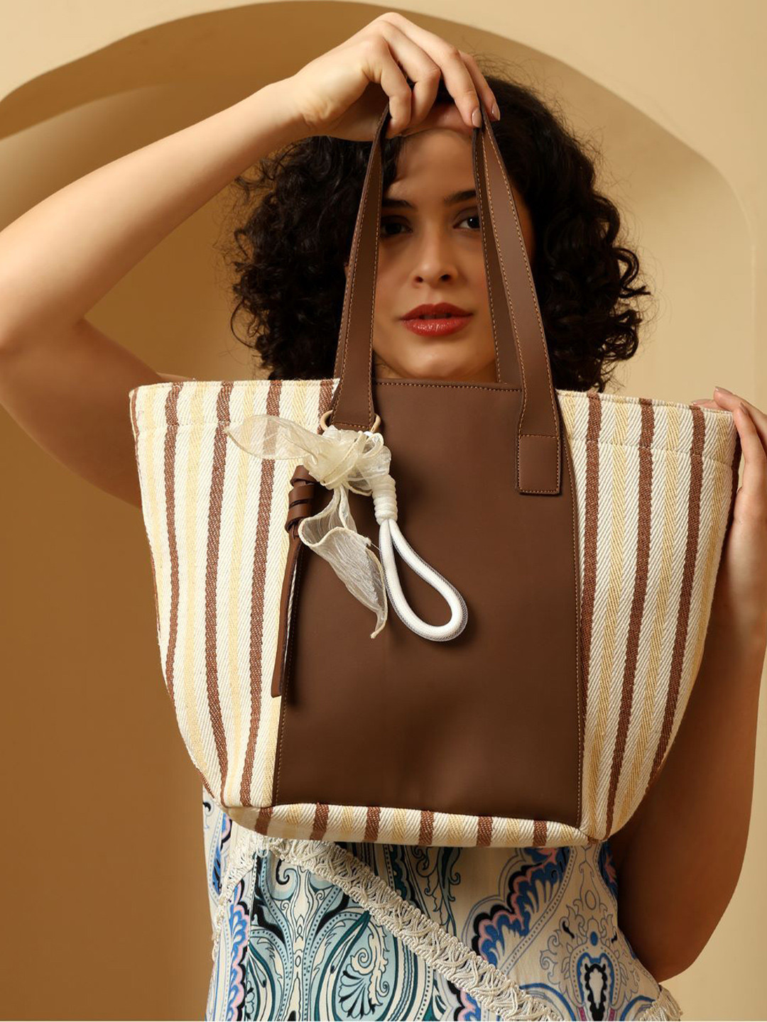 ENSAC Yellow & Brown Solid Striped Printed Shopper Tasselled Tote Bag