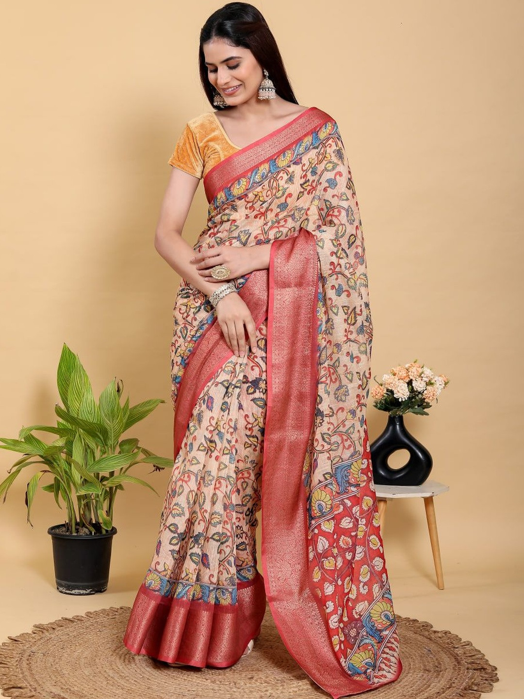GAYATRI PATEL Kalamkari Printed Pure Linen Saree With Blouse Piece
