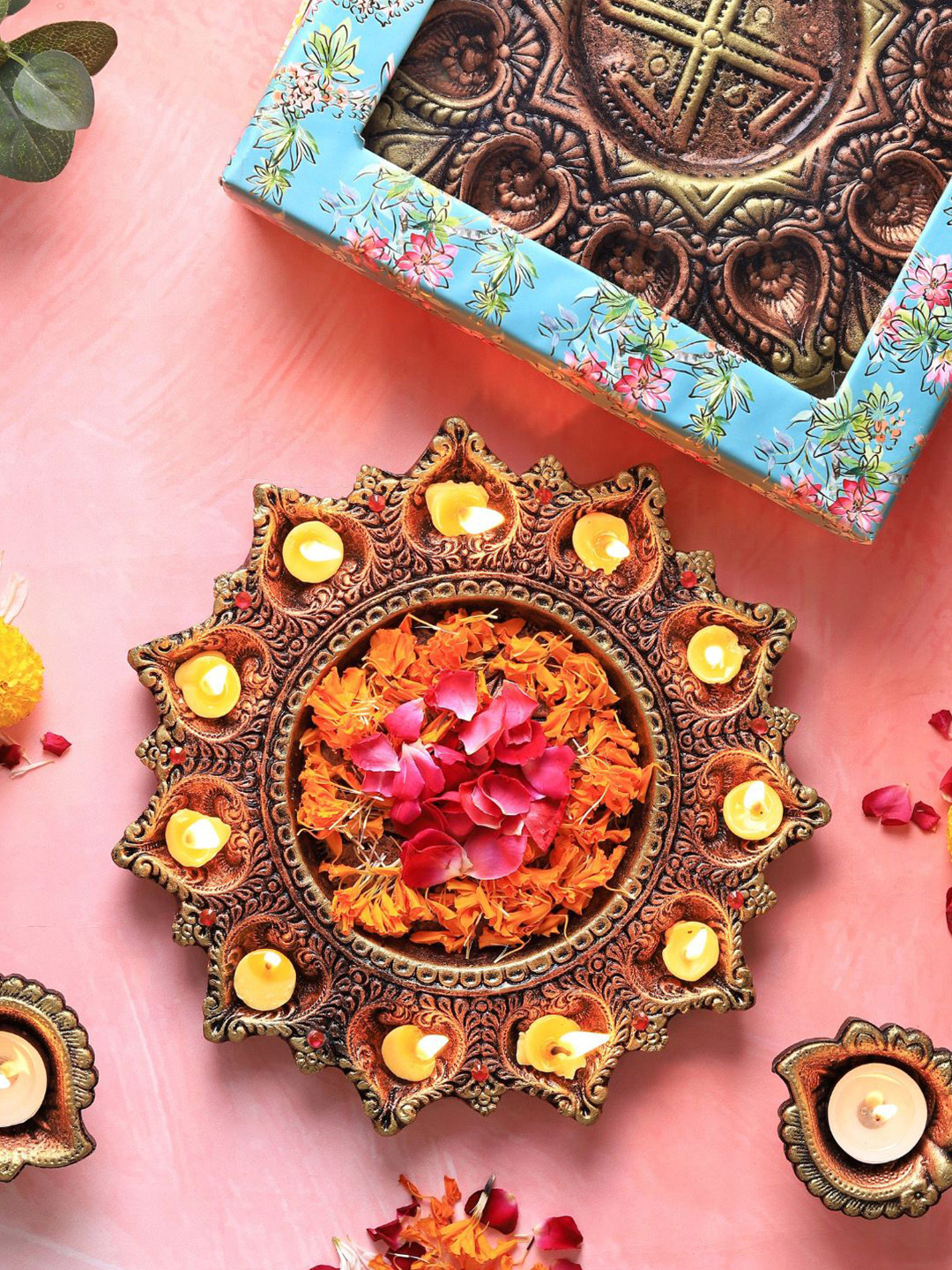 The handicraftian Bronze-Coloured & Yellow Textured Diyas