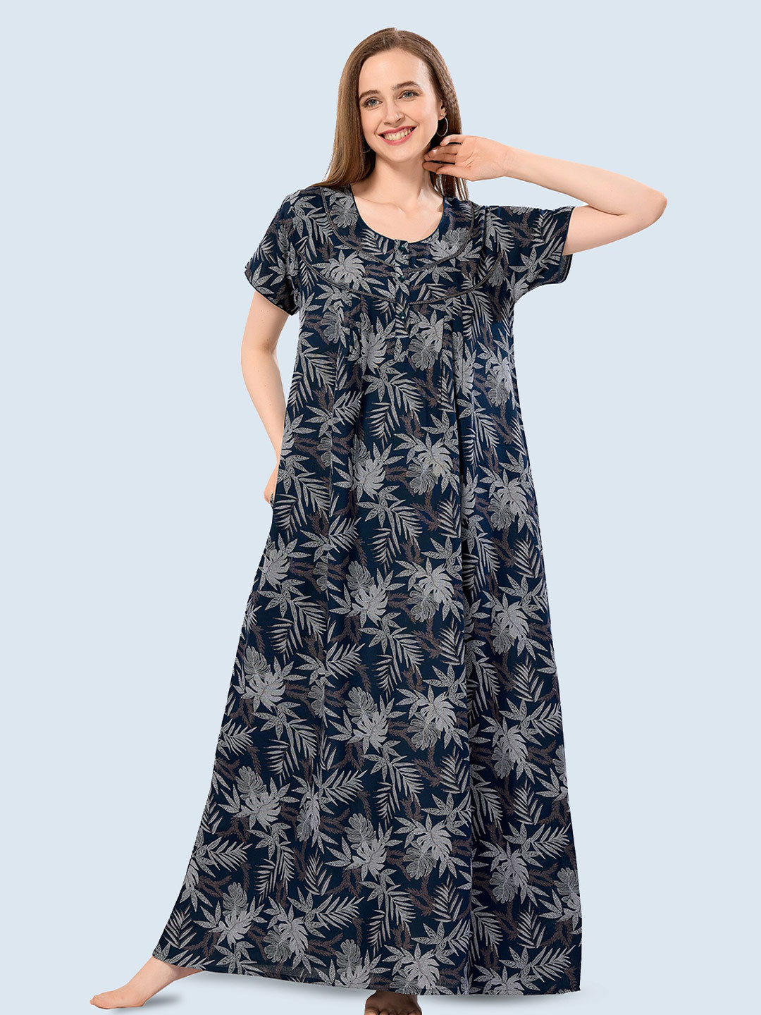 Cloud Soft Women Tropical Printed Round Neck Maxi Nightdress