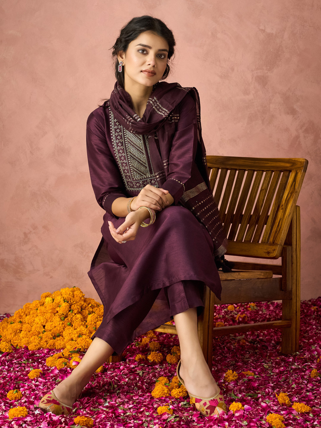 KALINI Yoke Design Embroidered Straight Kurta with Trousers & Dupatta