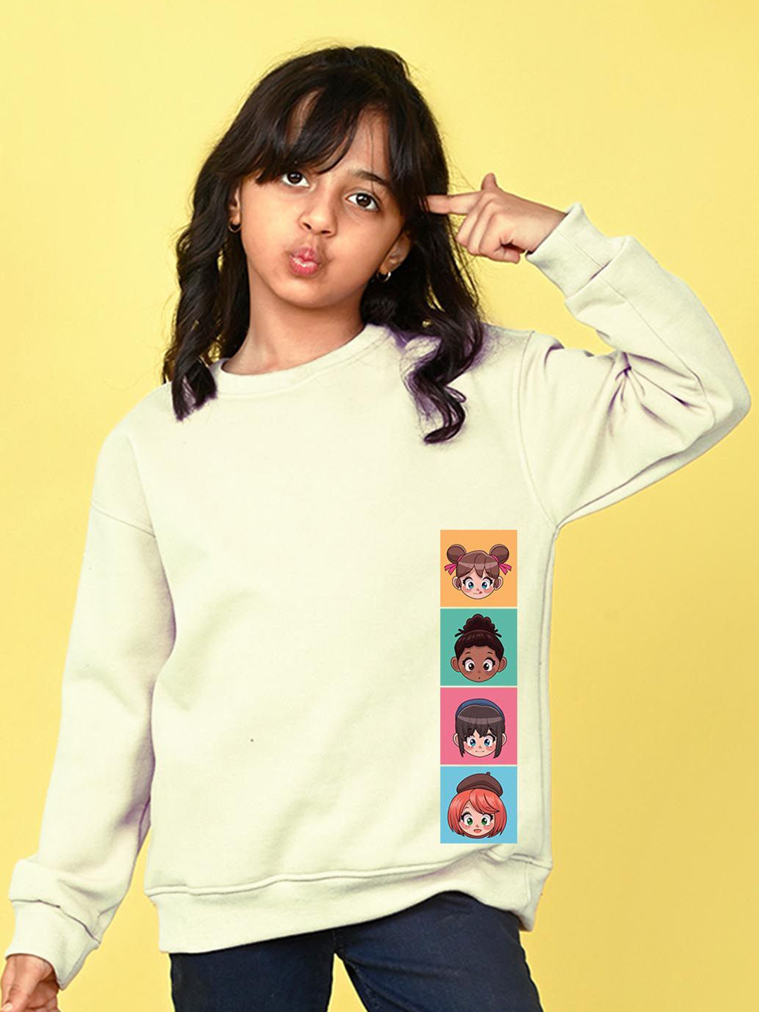 NUSYL Girls Chibi Graphic Printed Long Sleeves Oversized Fit Fleece Pullover Sweatshirt