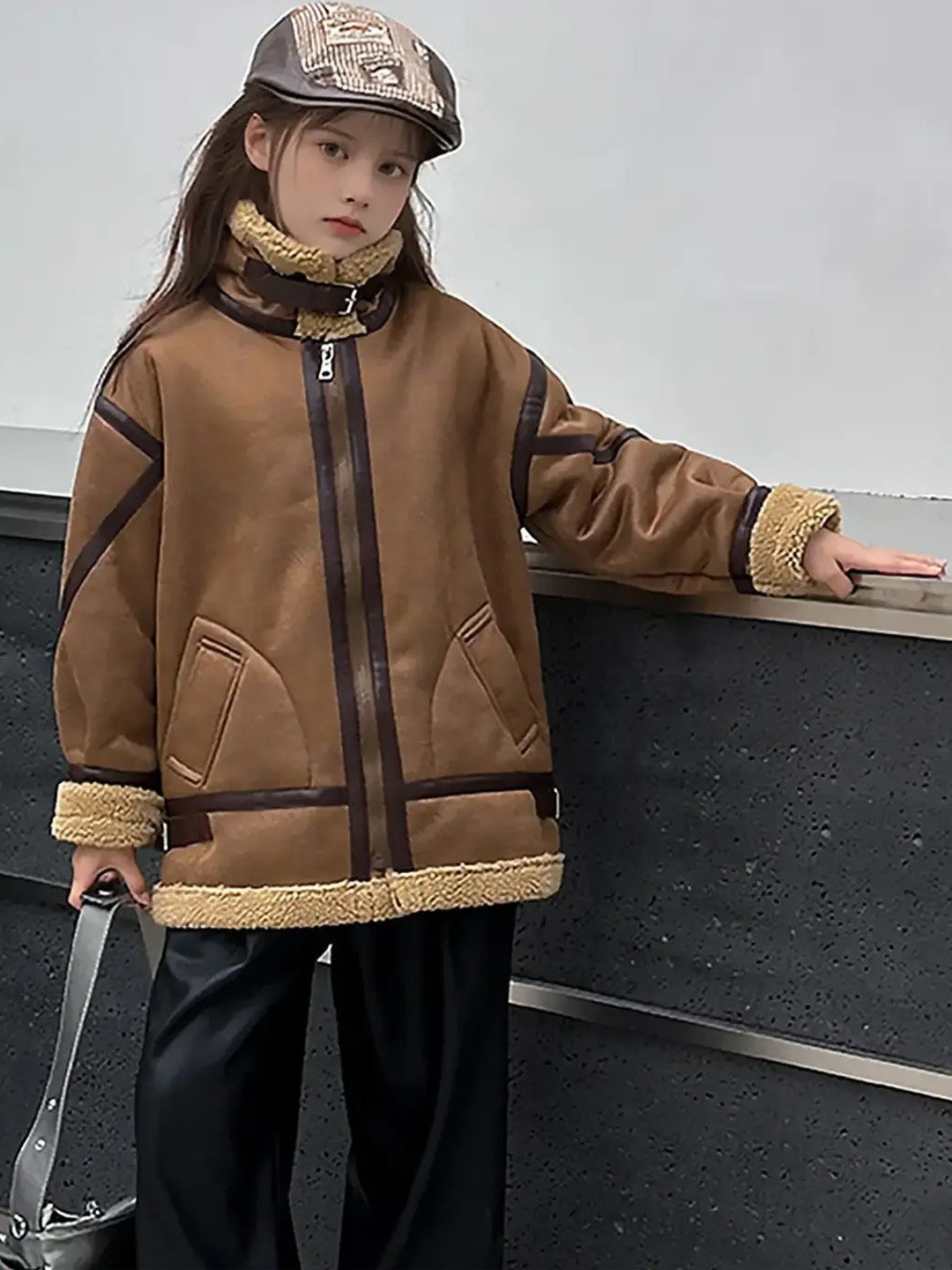 INCLUD Girls Brown Faux Leather Heavy Jacket