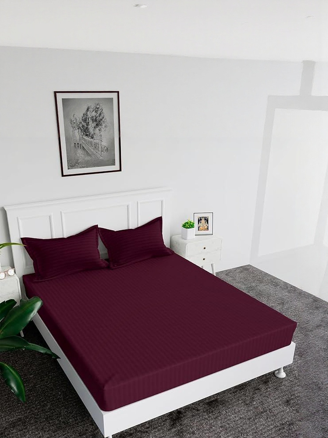 A Next Step Purple 240 TC Striped Queen Bedsheet with 2 Pillow Covers 229 x 254 cm