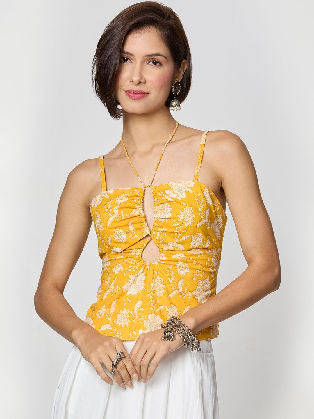 YURAA THE LABEL Floral Print Halter Neck Cotton Top