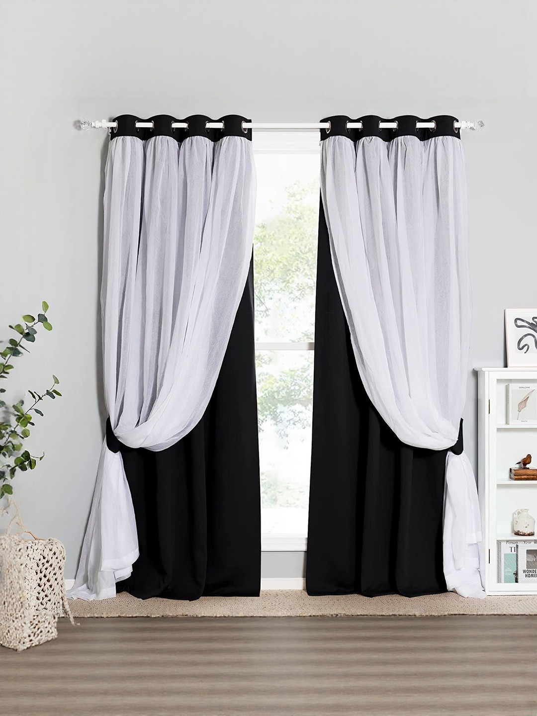 BFAM Black & White Set of 2 Floral Black Out Long Door Eyelet Curtain