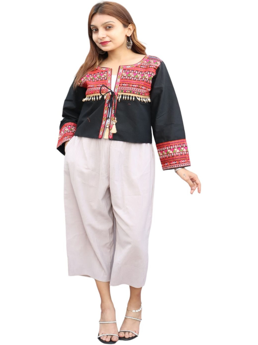 TAVAN Tribal Print Embroidered Cotton Tie-Up Tailored Jacket