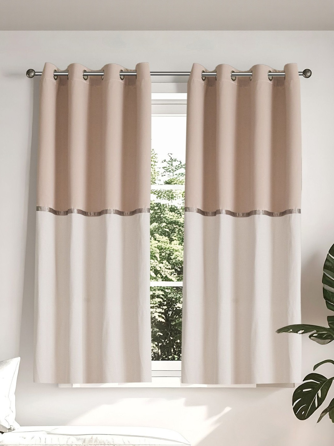 Home Centre Elrene Whimsy Beige & Cream Colored 2 Pieces Colourblocked Window Curtains