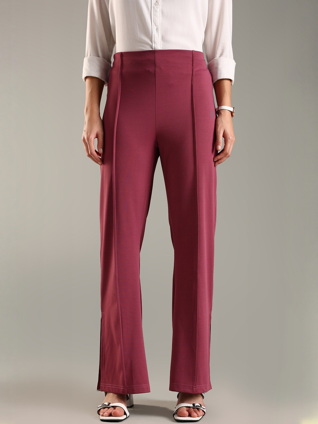 DOMIN8 Women Stretchable Slim-Fit Mid-Rise Side Slit Flared Wide Bell Bottom Trousers
