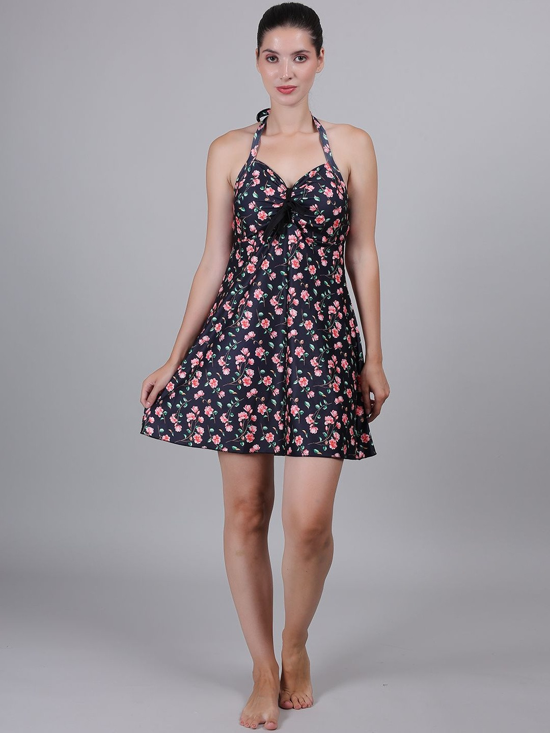 MEGASKA Women Floral Printed Full Coverage Sailor Pin Up Swimsuit Swimming Dress