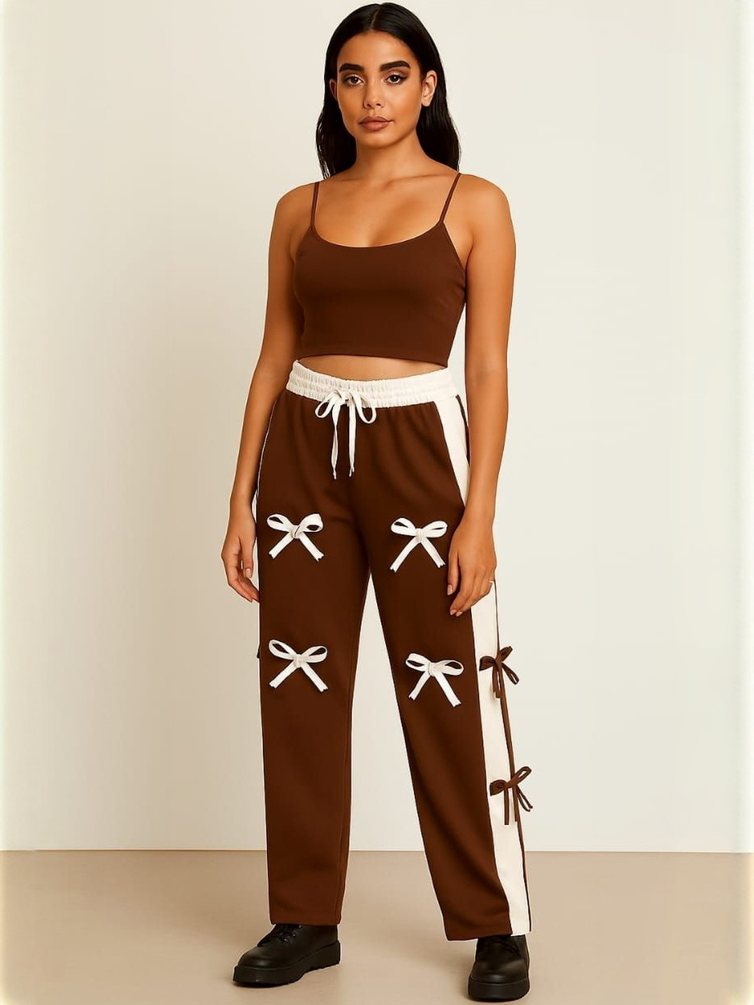 Dsouza clothing Women Colourblocked Mid-Rise Cotton Track Pant With Bow Detail
