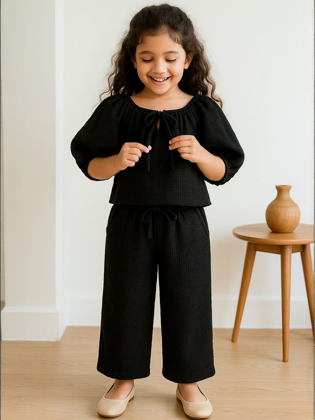 TALES & STORIES Girls Self Design Round Neck Top & Trousers Clothing Set