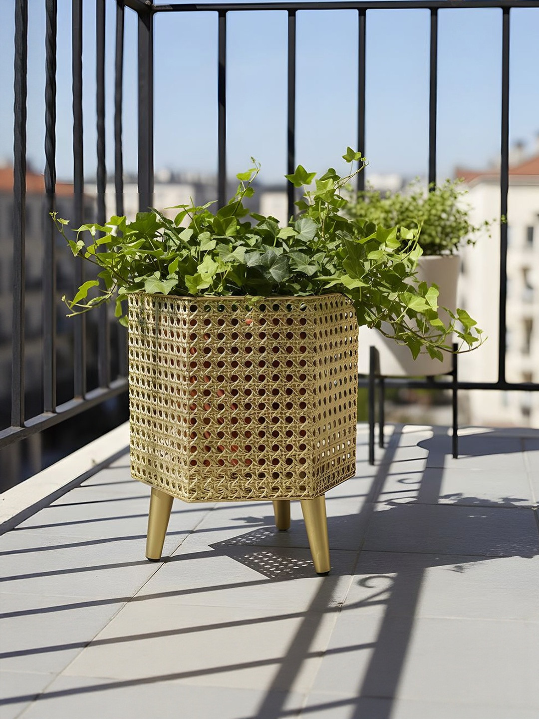 AARVI DECOR STUDIO Gold-Toned Luxe-Patterned Freestanding Hexagonal Planter