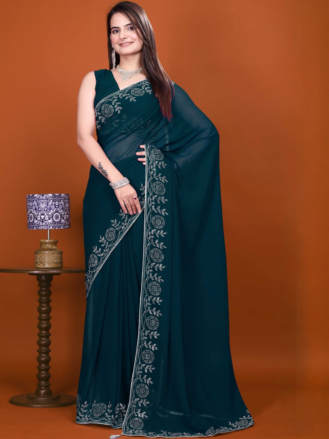 Women Ethnic Pure Georgette Elegance Saree with Intricate Diamond Detail Heavy Work Saree