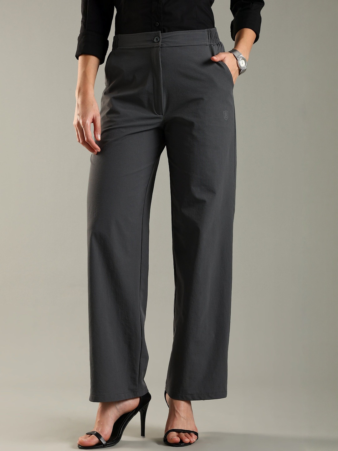 DOMIN8 Women Classic Woven Straight Fit Workleisure Pant with Zipper & Elastic opening