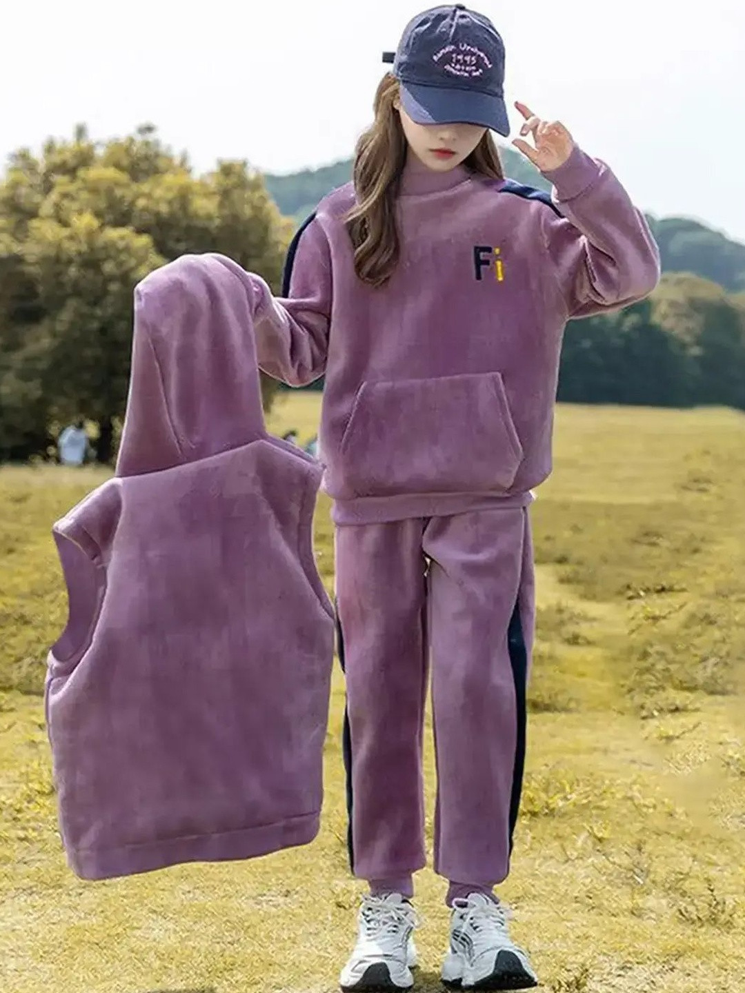 INCLUD Girls Printed Sweatshirt With Hooded Vest & Jogger