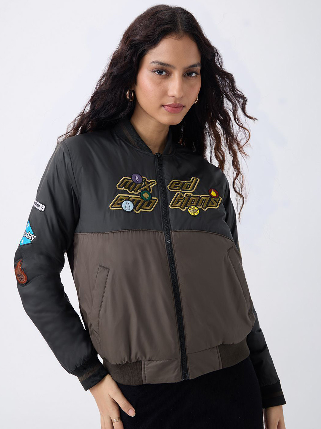 The Souled Store Typography Applique Detail Inside Out Mixed Emotions Bomber Jacket