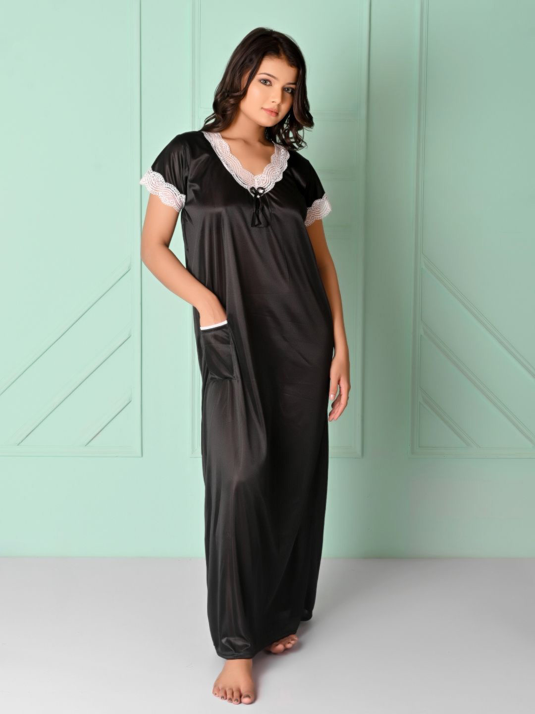 Apratim Women Monochrome Lace Insert V-Neck Satin Maxi Nightdress With Pocket