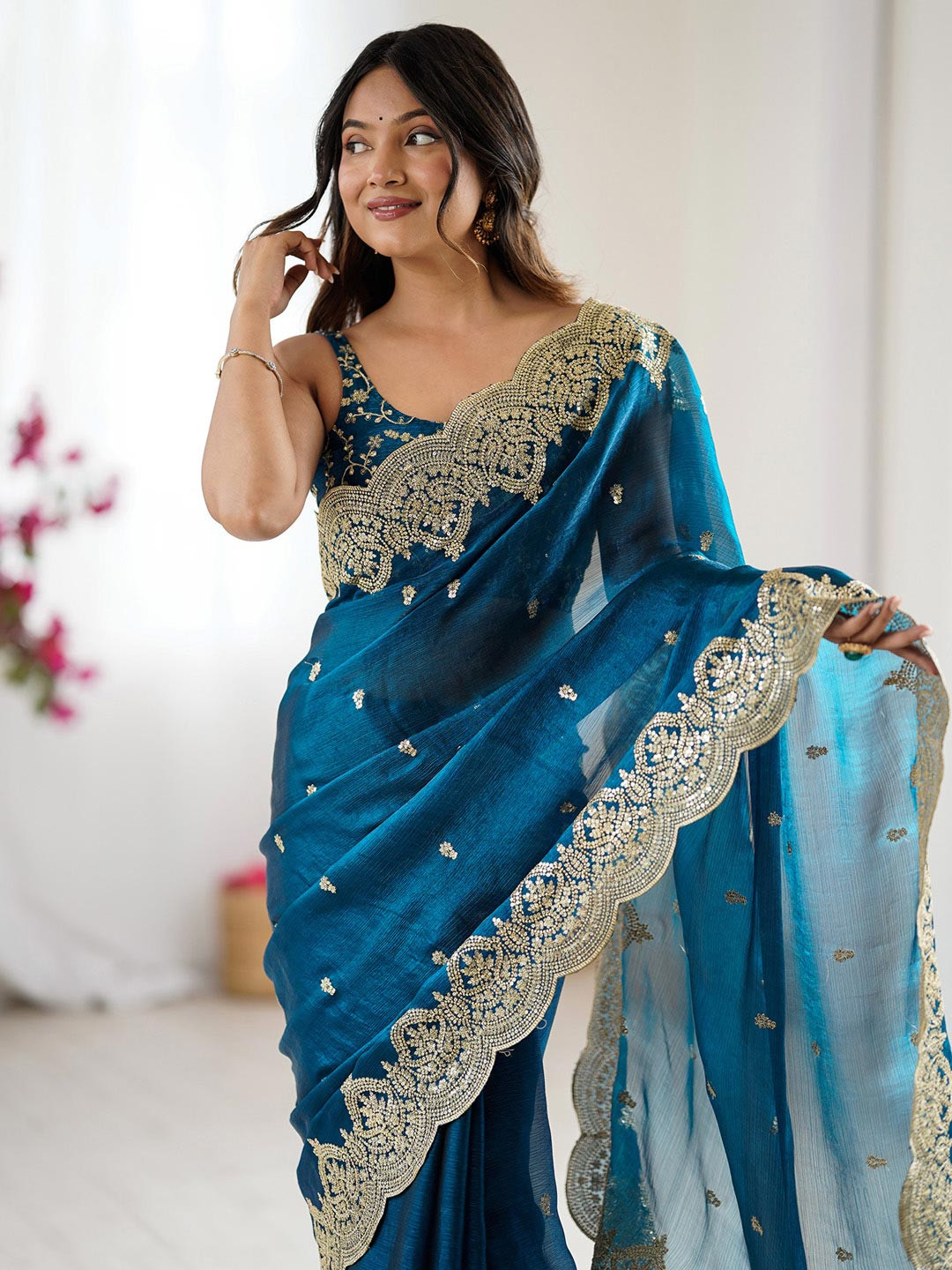Anouk Women Blue Ethnic Motifs Embroidered Chiffon Heavy Work Saree With Blouse Piece